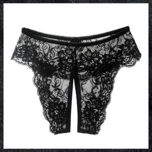 Black Sheer Floral Lace Crotchless Panty